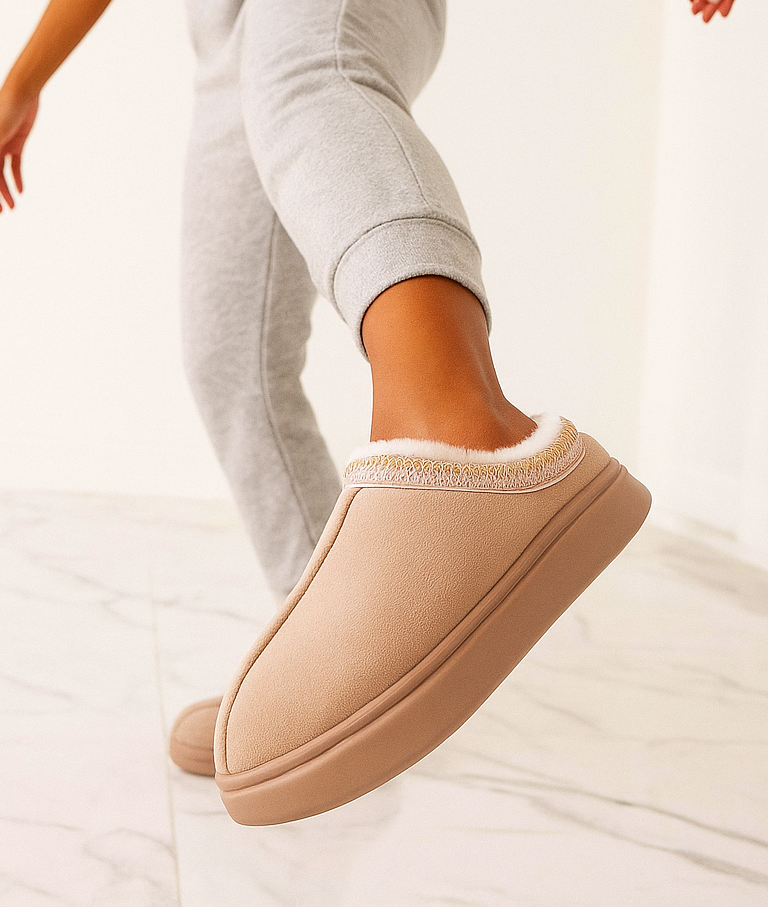 Mules fourrées camel femme confort hiver